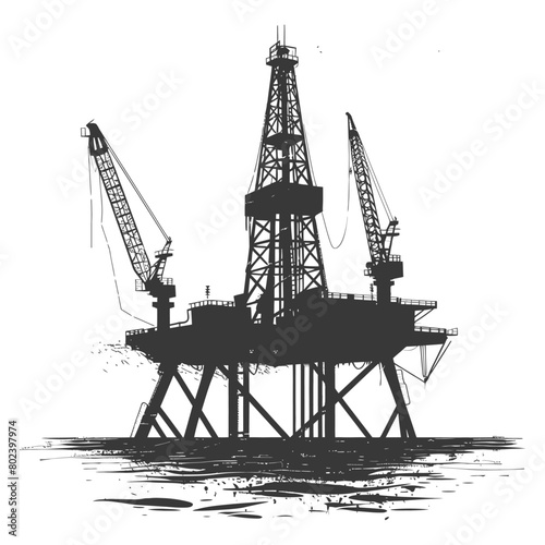 silhouette oil platform or oil derrick in the sea black color only