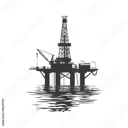 silhouette oil platform or oil derrick in the sea black color only