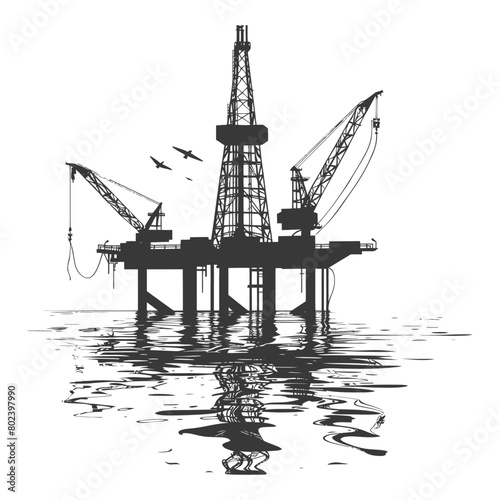 silhouette oil platform or oil derrick in the sea black color only