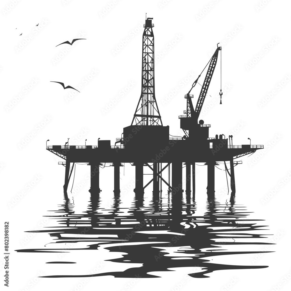 silhouette oil platform or oil derrick in the sea black color only silhouette oil platform or oil derrick in the sea black color only