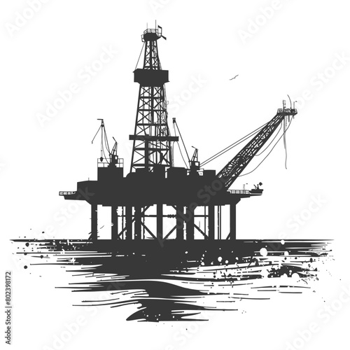 silhouette oil platform or oil derrick in the sea black color only