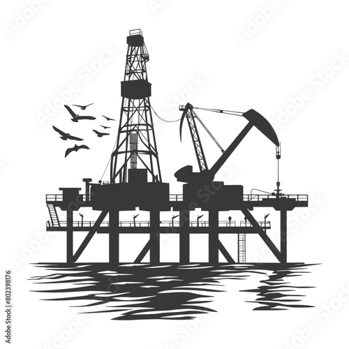 silhouette oil platform or oil derrick in the sea black color only