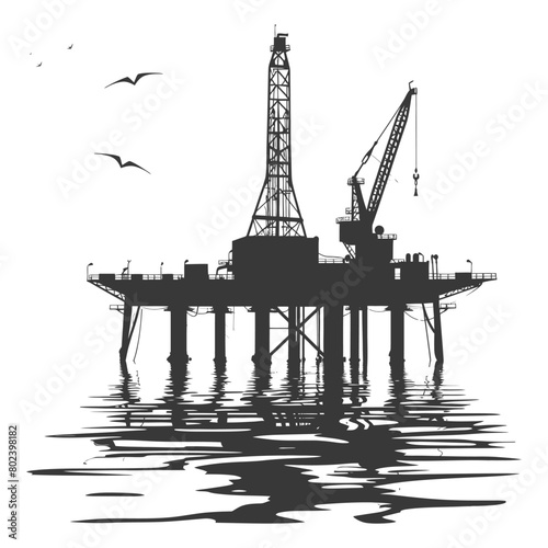 silhouette oil platform or oil derrick in the sea black color only