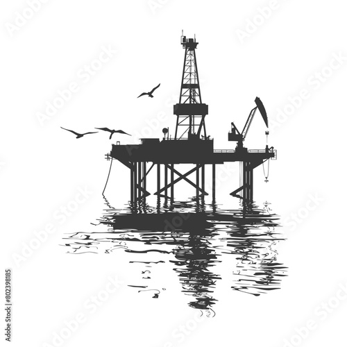 silhouette oil platform or oil derrick in the sea black color only