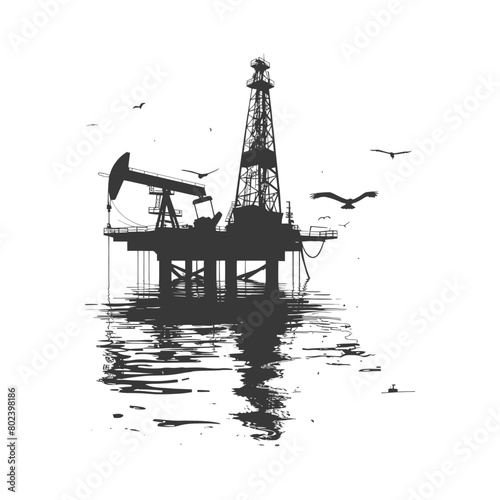 silhouette oil platform or oil derrick in the sea black color only