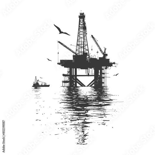 silhouette oil platform or oil derrick in the sea black color only