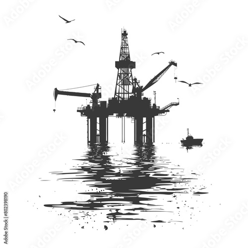 silhouette oil platform or oil derrick in the sea black color only