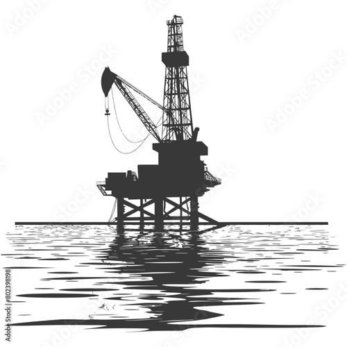 silhouette oil platform or oil derrick in the sea black color only