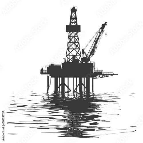 silhouette oil platform or oil derrick in the sea black color only
