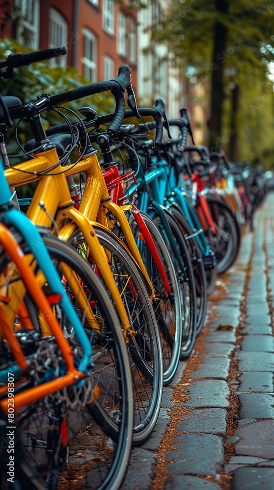 A row of colorful bicycles parked neatly along a city street A row of colorful bicycles parked neatly along a city street