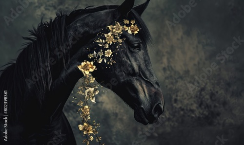 black horse with gold elements background wallpaper photo