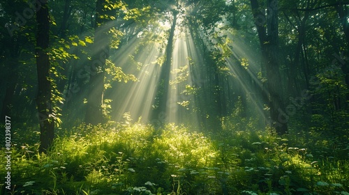 A serene forest with sunlight streaming through the canopy.Professional photographer perspective