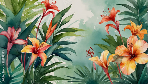 watercolor botanical paradise  Design a lush  tropical-inspired backdrop for a destination wedding invitation.