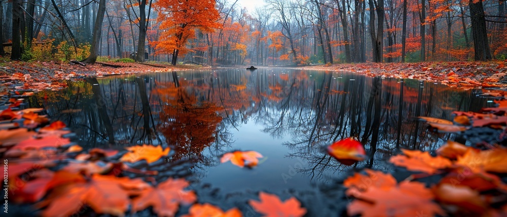 Fototapeta premium A tranquil pond surrounded by colorful autumn foliage.Professional photographer perspective