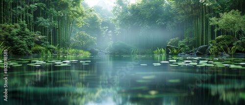 A tranquil pond surrounded by towering bamboo.Professional photographer perspective