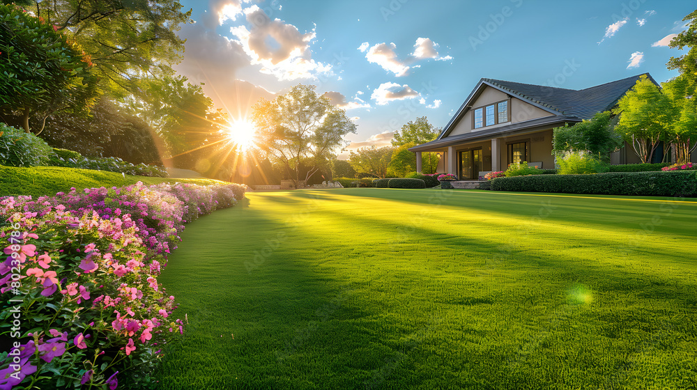 A beautiful manicured lawn and flowerbed with deciduous shrubs on a private plot, against a backlit sunset evening light. A beautiful manicured lawn and flowerbed with deciduous shrubs on a private plot, against a backlit sunset evening light.