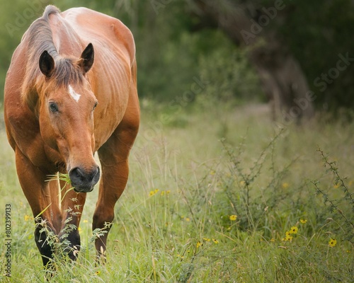 Brown horse grazing on the grass in a lush green field