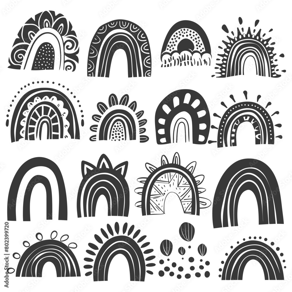 silhouette various rainbows doodle set hand drawn black color only