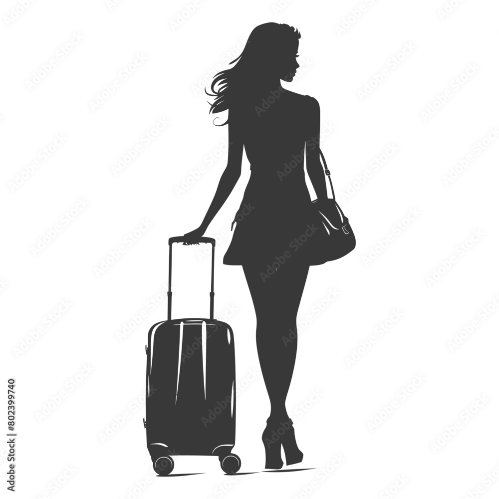 silhouette woman traveling with suitcase black color only silhouette woman traveling with suitcase black color only