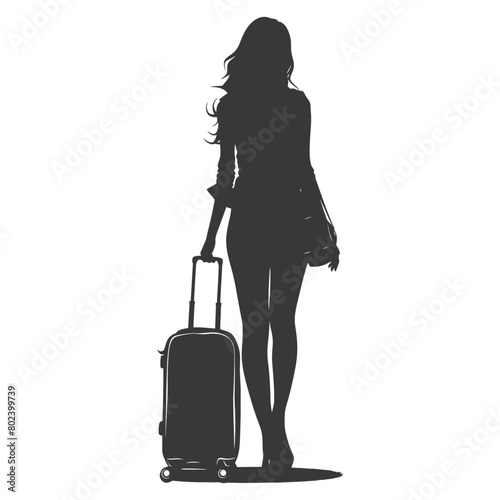 silhouette woman traveling with suitcase black color only