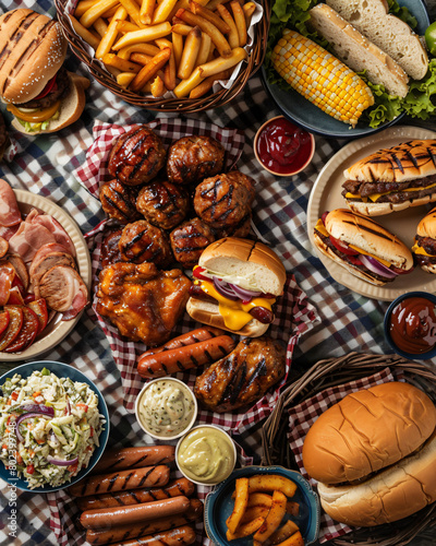 a mouthwatering assortment of grilled meats such as burgers, hot dogs, and barbecue chicken, accompanied by classic sides like coleslaw, potato salad, and corn on the cob © Pana