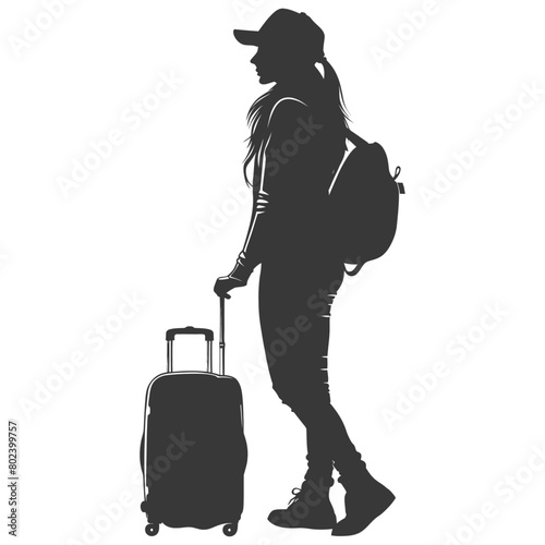 silhouette woman traveling with suitcase black color only