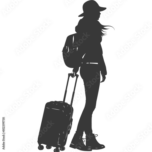 silhouette woman traveling with suitcase black color only