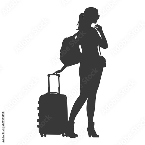 silhouette woman traveling with suitcase black color only