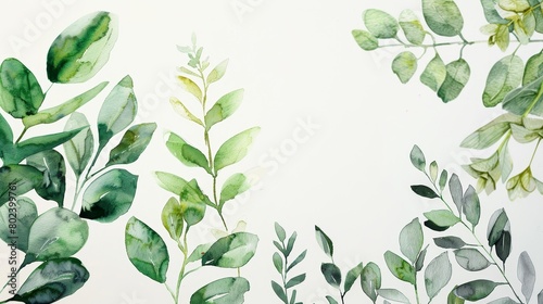 Close-up of a collection of watercolor greenery, showcasing the detailed strokes and shading of each leaf, set on a pure white canvas for maximum contrast