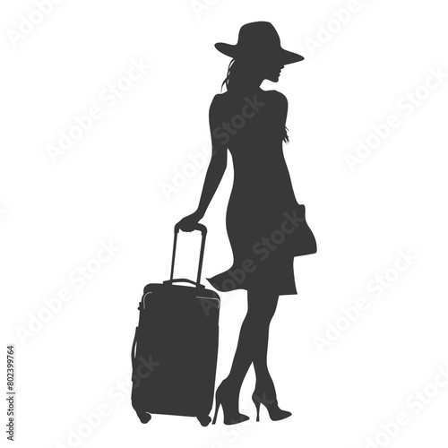 silhouette woman traveling with suitcase black color only