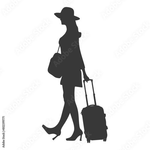 silhouette woman traveling with suitcase black color only