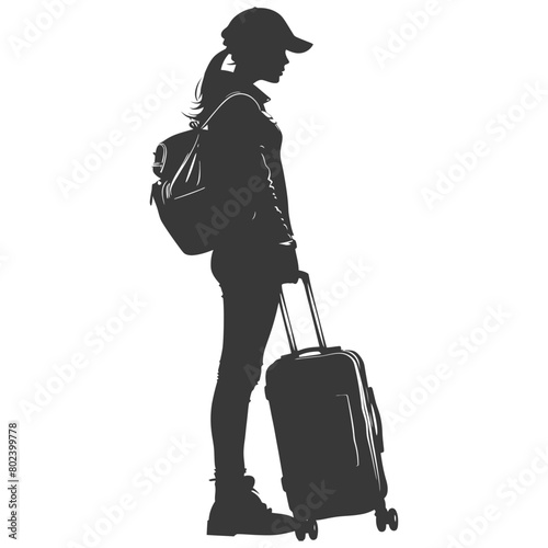 silhouette woman traveling with suitcase black color only