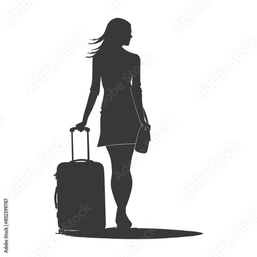 silhouette woman traveling with suitcase black color only