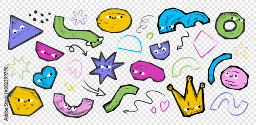 Sticker set of various cutout grunge crayon, charcoal, chalk abstract geometric shapes with face emotions. Cute funny characters in hand drawn trendy scribble style vector illustration for kids 