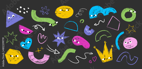 Set of various grunge crayon, charcoal, chalk abstract geometric shapes with face emotions. Cute funny characters in hand drawn trendy scribble style vector illustration for kids collage, poster