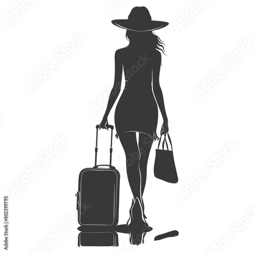 silhouette woman traveling with suitcase black color only