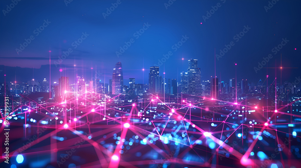 Obraz premium Abstract technology background with circuit board ,Modern cityscape and high tech connection concept ,Of Modern Night City With High Skyscrapers With Blue Lights And Trails, Communications And High 