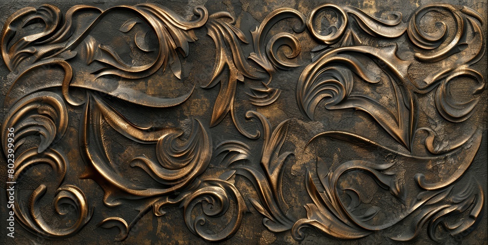 Artistic view of a bronze panel with an embossed pattern, highlighting the depth and complexity of the design, perfect for adding an elegant touch to decor