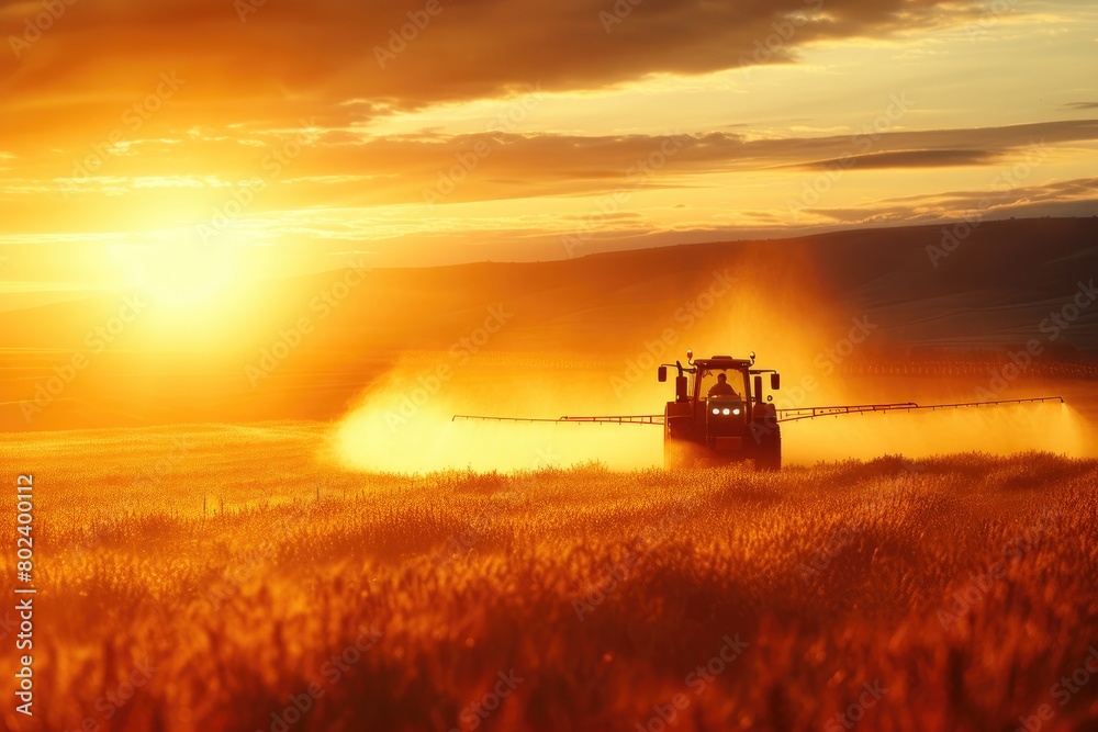 Fototapeta premium Golden Sunrise: Pesticide Application in Agriculture