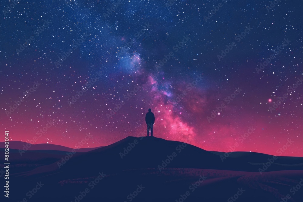 A person standing on a hill under a sky full of stars. Suitable for night sky or inspirational concepts A person standing on a hill under a sky full of stars. Suitable for night sky or inspirational concepts