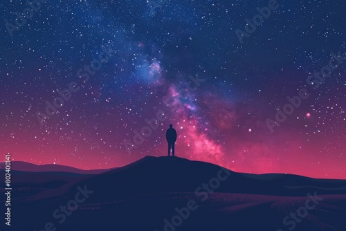 A person standing on a hill under a sky full of stars. Suitable for night sky or inspirational concepts
