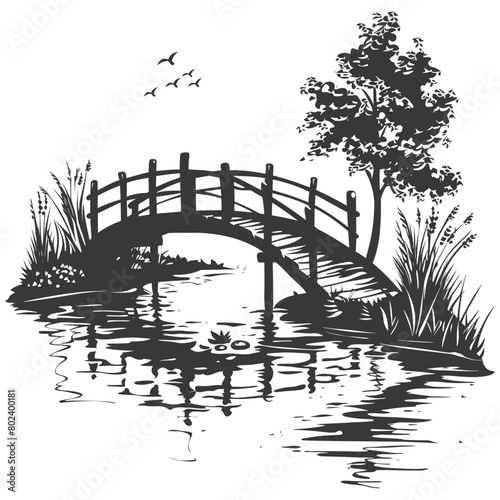 silhouette wooden bridge across the river full black color only