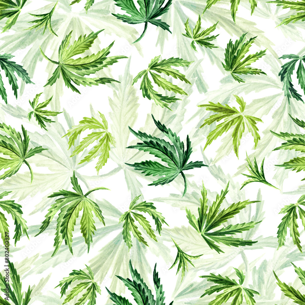 Cannabis leaf. Hand drawn watercolor seamless pattern isolated on white background Cannabis leaf. Hand drawn watercolor seamless pattern isolated on white background