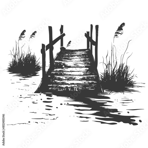 silhouette wooden bridge across the river full black color only