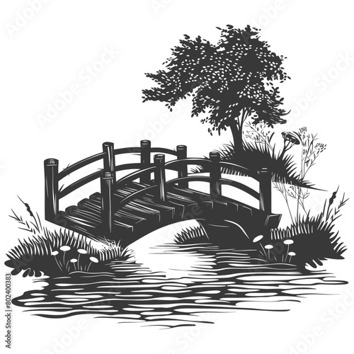 silhouette wooden bridge across the river full black color only