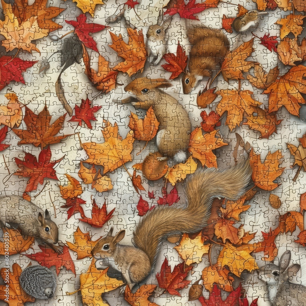 Whimsical Woodland Creatures Frolicking Amidst a Carpet of Fallen Autumn Leaves in a Cozy Forest Scene