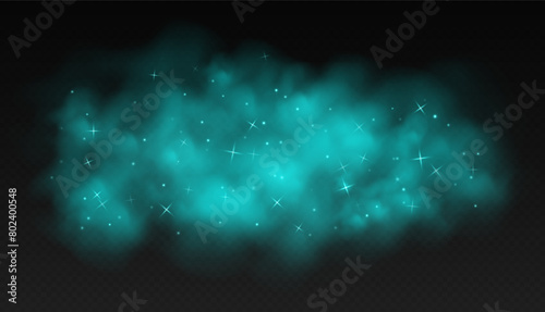 Teal magic smoke with stars and sparkles, fog with glowing particles, colorful vapor with star dust. Fantasy haze overlay. Vector illustration.