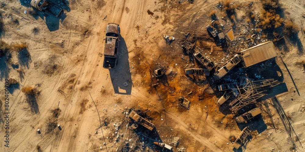 Fototapeta premium Dramatic Desert Disaster: Aerial View of Military Convoys in Flames