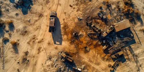 Dramatic Desert Disaster: Aerial View of Military Convoys in Flames © Andrii 