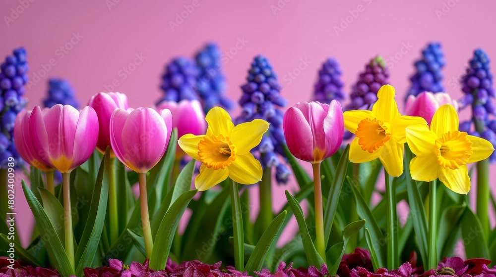 Fototapeta premium Beautiful floral background with vibrant spring flowers - tulips, daffodils, crocuses, and hyacinths